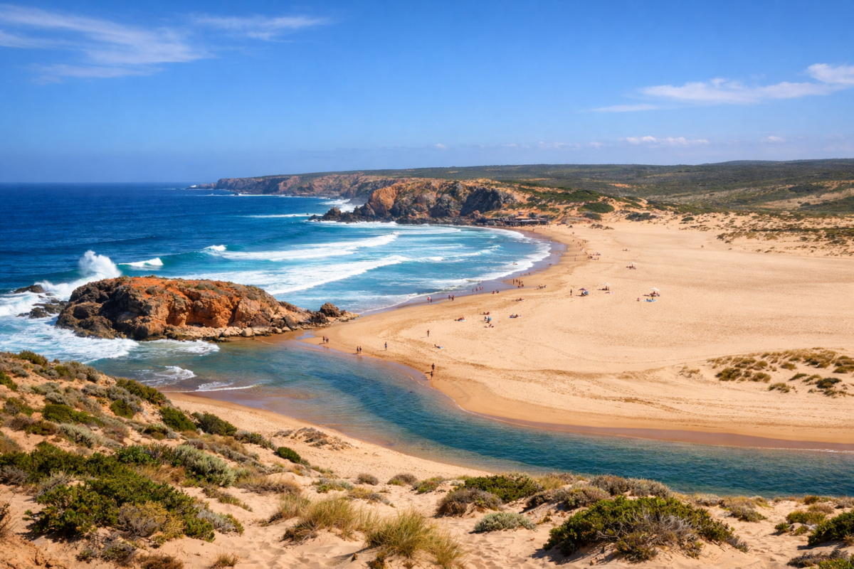 Golden dunes and turquoise waves at Praia da Bordeira, Costa Vicentina, Portugal.
