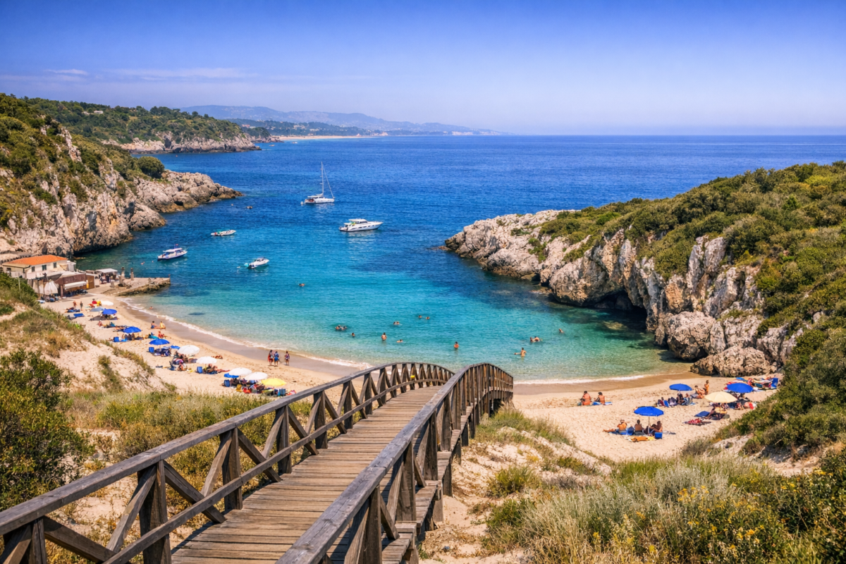 Praia do Barril on Tavira Island with golden sand, turquoise sea, and wooden boardwalk through dunes.