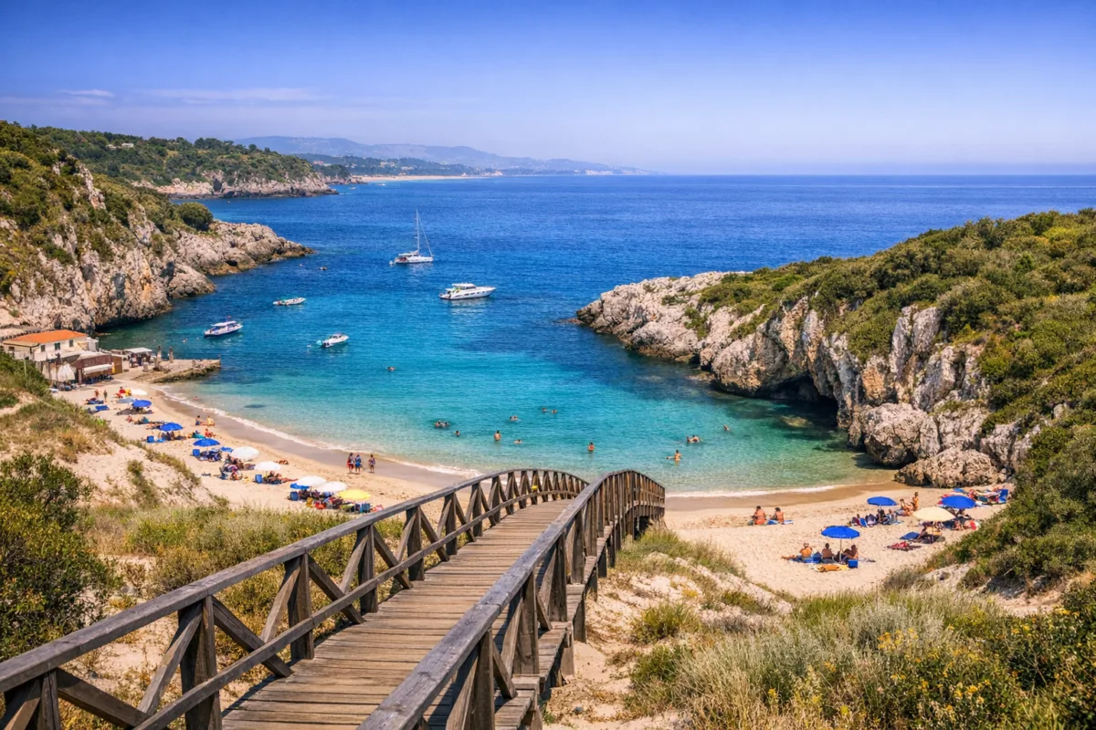 Praia do Barril on Tavira Island with golden sand, turquoise sea, and wooden boardwalk through dunes.