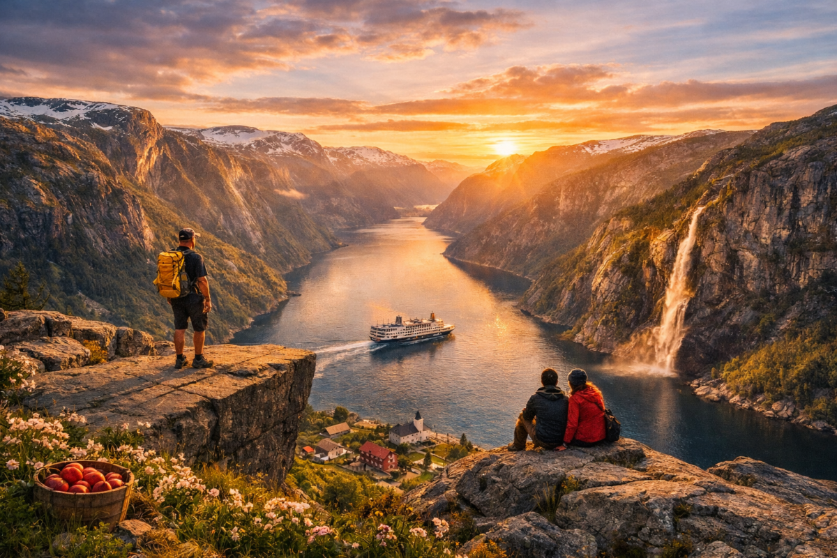 Hikers on Preikestolen cliff overlooking Lysefjord at sunset.