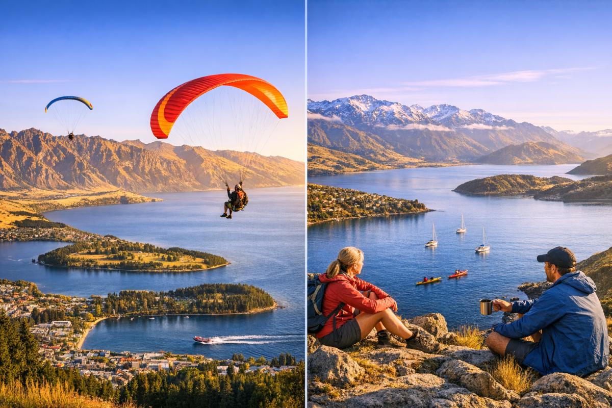  Paragliders soaring above Queenstown and Lake Wakatipu with jet boats below, transitioning to hikers overlooking deep blue lakes and snow‑capped mountains under golden sunset light.