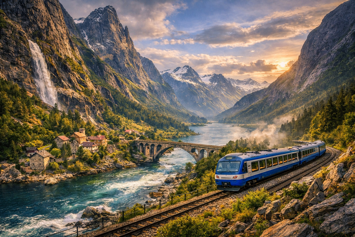  Blue train winding through steep alpine valleys beside the Rauma River, crossing the stone‑arched Kylling Bridge under soft northern light, surrounded by waterfalls and towering cliffs.
