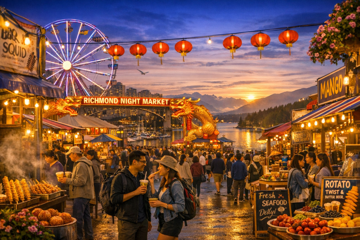  Crowds exploring food stalls under glowing red lanterns and a golden dragon archway, with a Ferris wheel lighting up the twilight sky at Richmond Night Market.