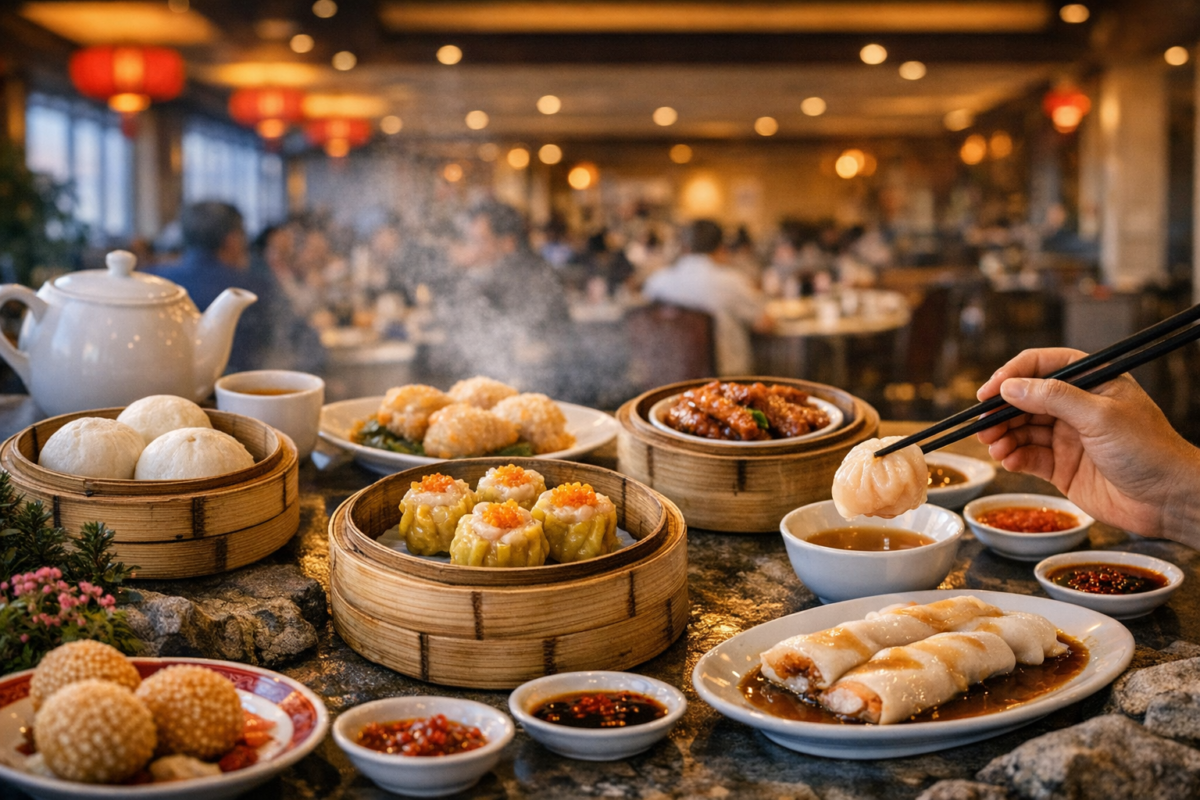  Steaming bamboo baskets filled with siu mai, har gow, and buns on a lively restaurant table, surrounded by teapots, dipping sauces, and red lanterns glowing in the background.