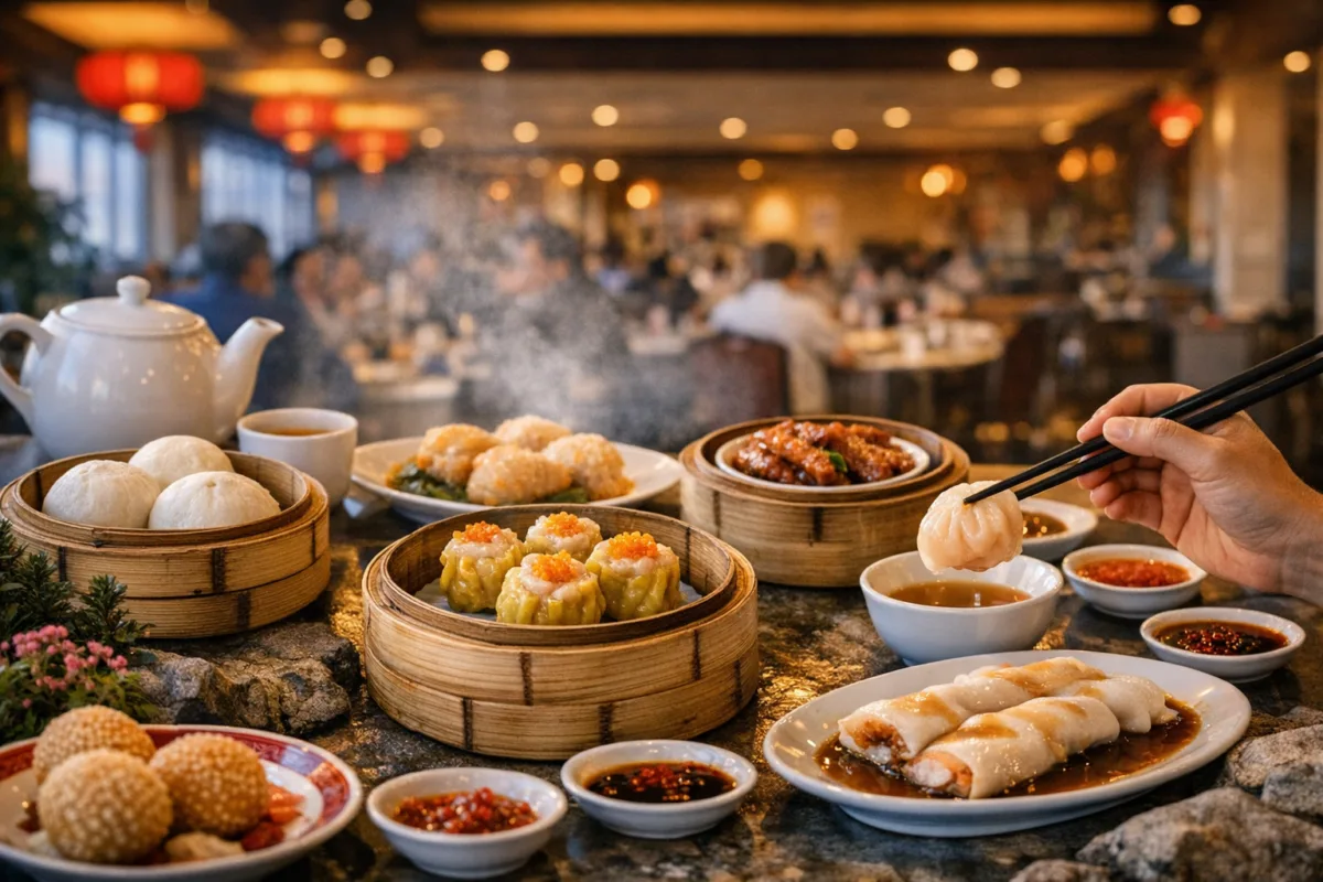  Steaming bamboo baskets filled with siu mai, har gow, and buns on a lively restaurant table, surrounded by teapots, dipping sauces, and red lanterns glowing in the background.