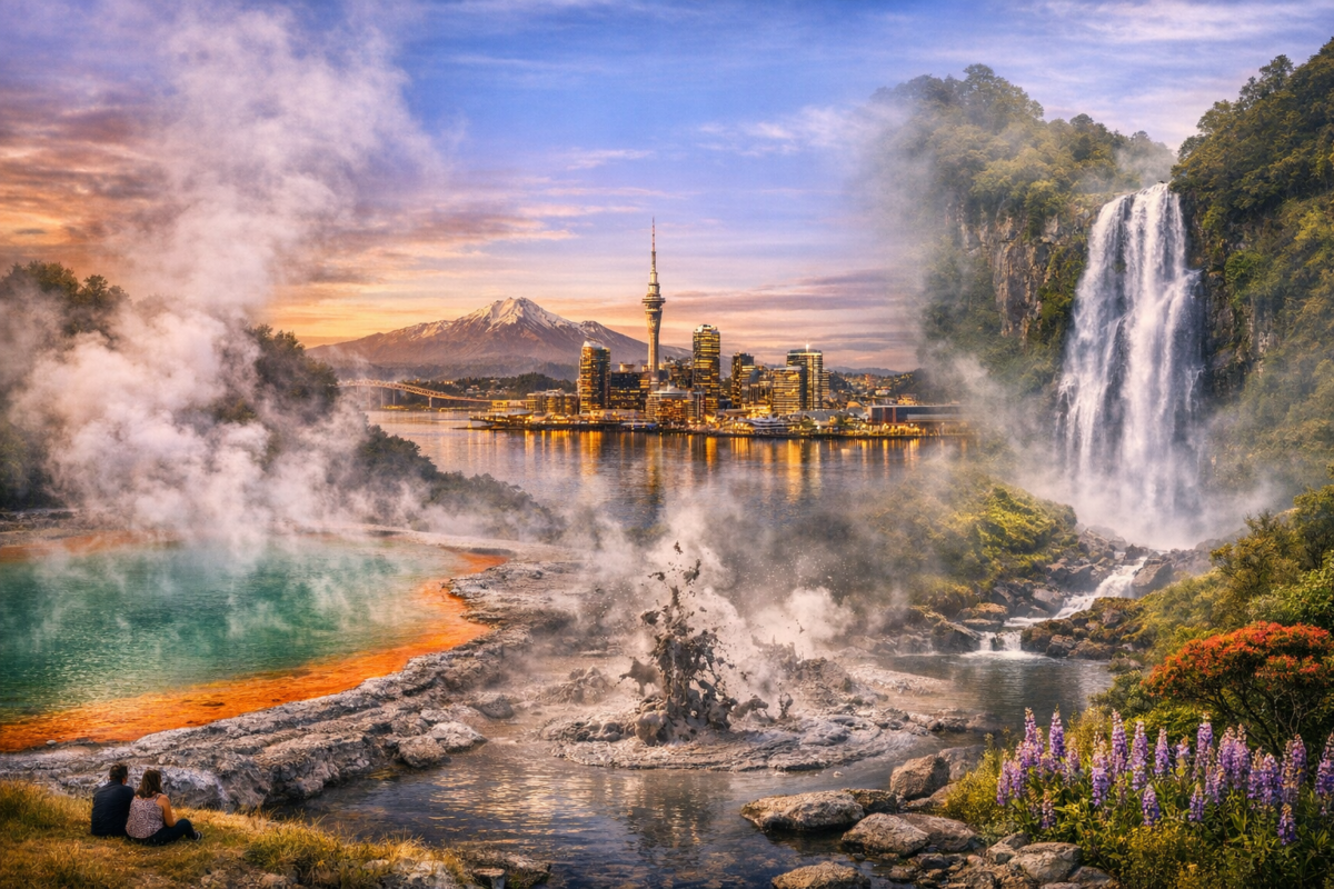 Rotorua hot springs with steaming Champagne Pool, bubbling mud, and Wairere Falls cascading through misty forest.