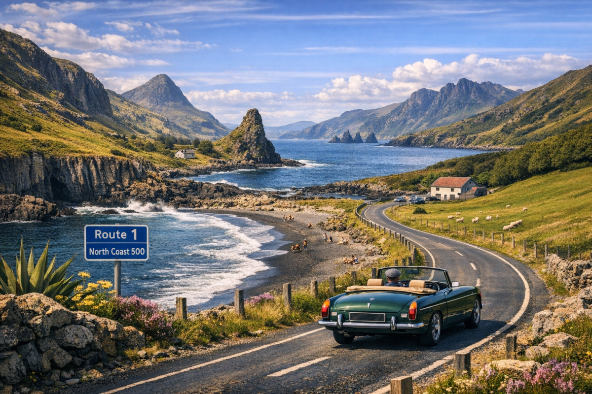 Road Trip — Vintage car winding along Route 1 through the Scottish Highlands beside a tranquil loch and towering mountains.