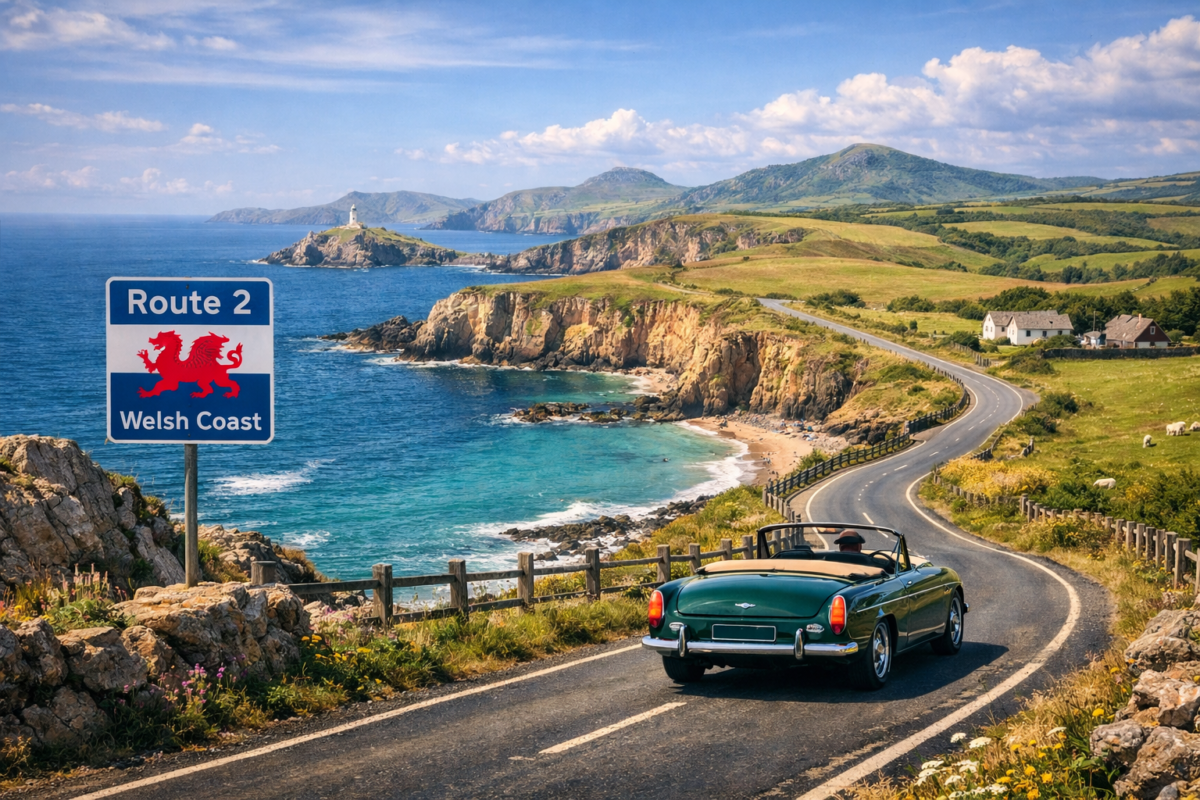  Vintage car cruising along Pembrokeshire’s winding coastal road beside turquoise sea, golden cliffs, and a distant lighthouse under a bright Welsh sky.