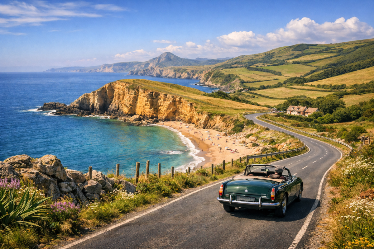 Vintage car winding along England’s Jurassic Coast with golden. UK road trip routes