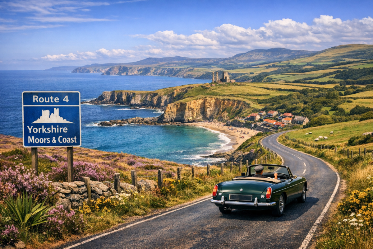  Vintage car cruising along Route 4 through the North Yorkshire Moors toward a coastal village and castle ruins overlooking the blue sea under a bright sky. best road trips UK