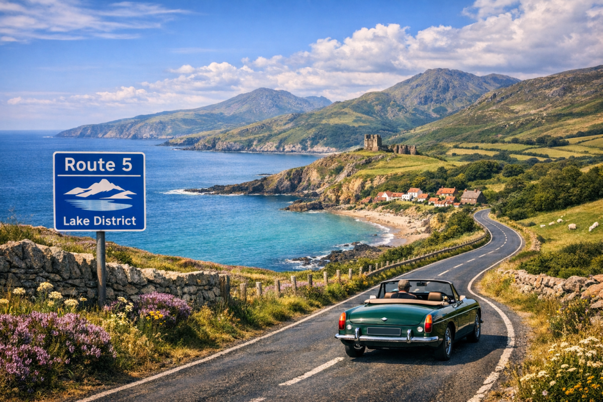  Vintage car cruising along Route 5 through the Lake District beside a tranquil lake, lush green fells, and towering mountains under a partly cloudy sky. cheap road trip Britain.