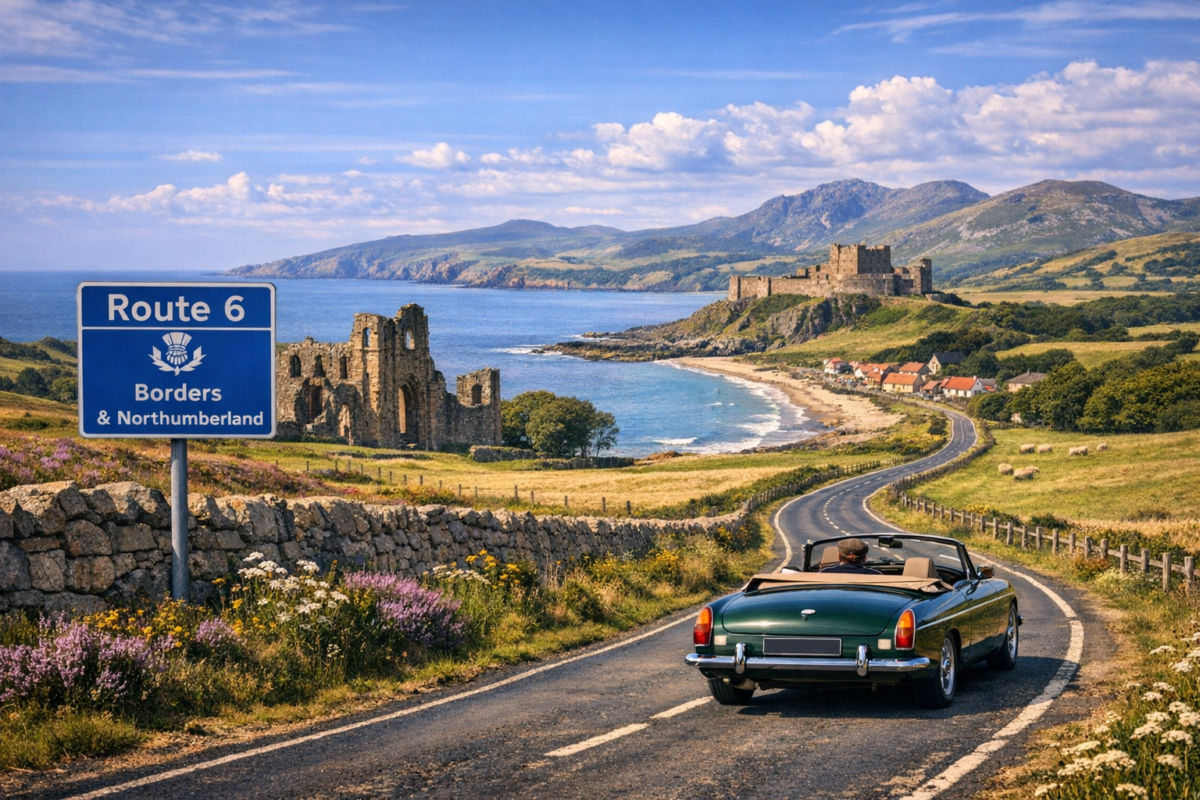  Vintage car cruising along Route 6 through the Scottish Borders and Northumberland, passing an old abbey and heading toward a coastal castle under a bright sky. Scotland road trip budget