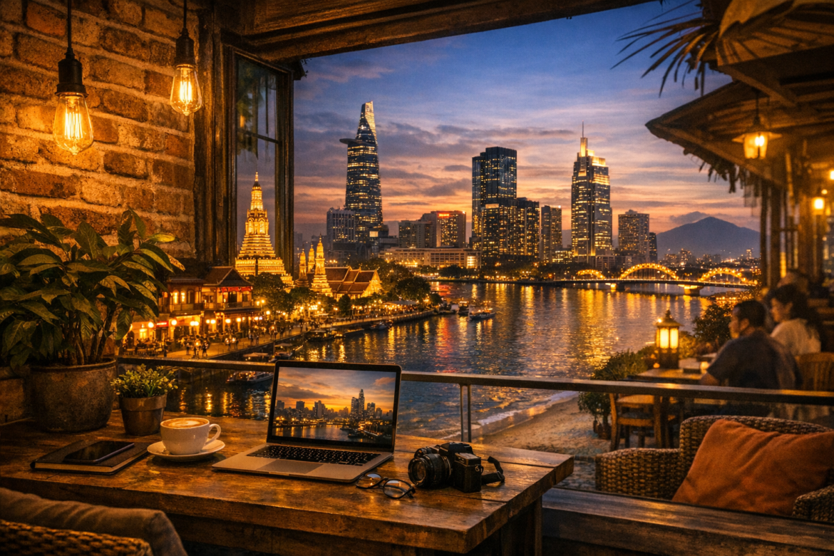 Cozy café setting with laptop overlooking Ho Chi Minh City skyline at dusk.