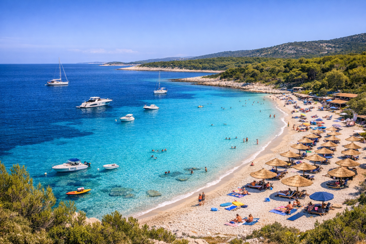 Sakarun Beach on Dugi Otok island with turquoise waters, white sand, and pine forest backdrop.