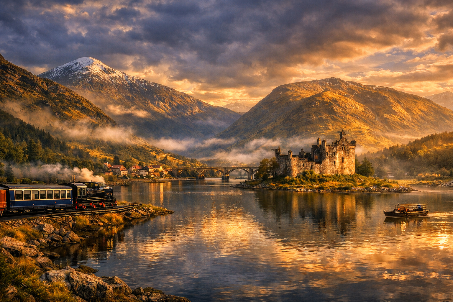 Scottish Highlands landscape featuring mist‑covered mountains, a tranquil loch reflecting golden light, and an ancient castle nestled among rugged hills beneath dramatic clouds.