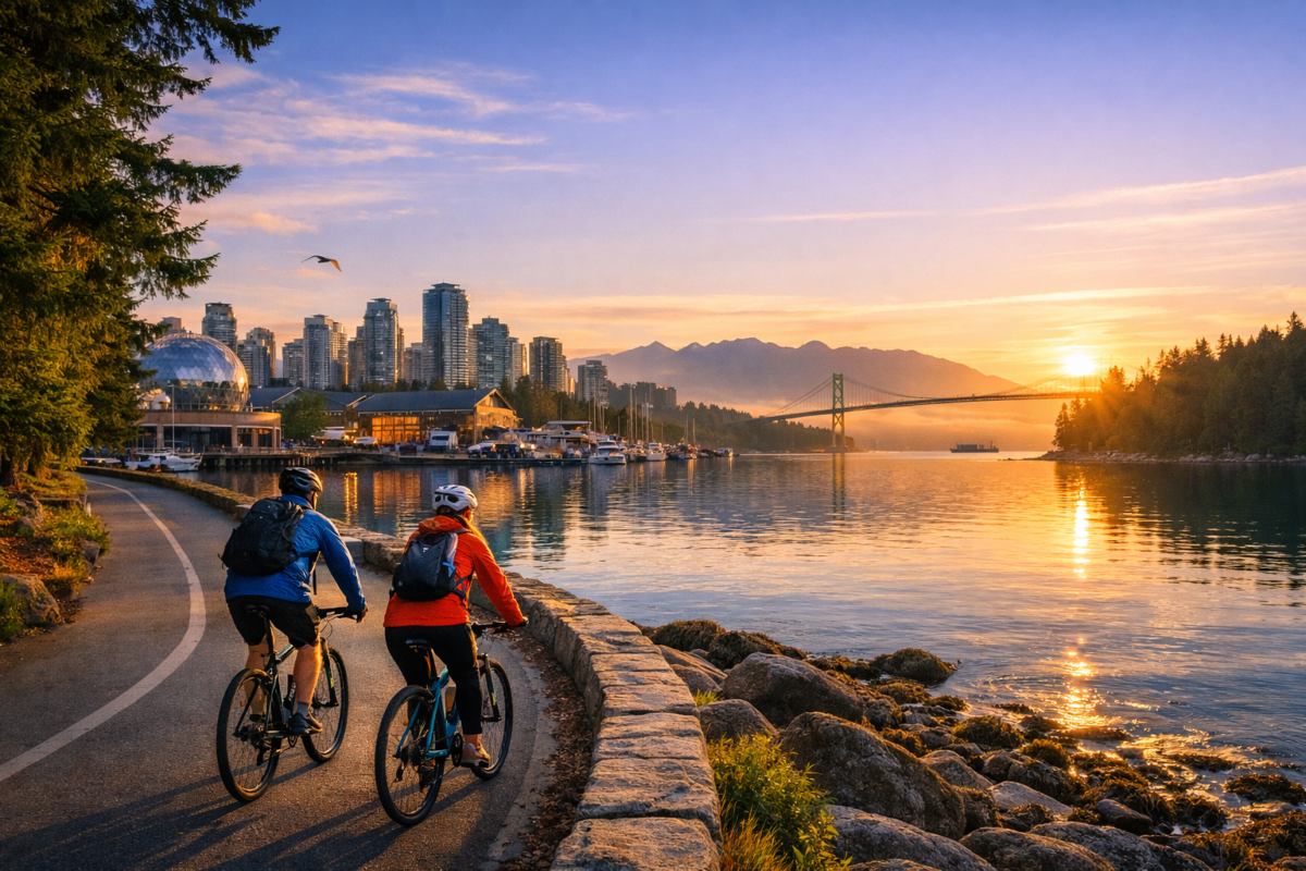  Cyclists gliding along Stanley Park’s Seawall beside calm waters, with the Lions Gate Bridge, sailboats, and city skyline glowing in golden dawn hues.
