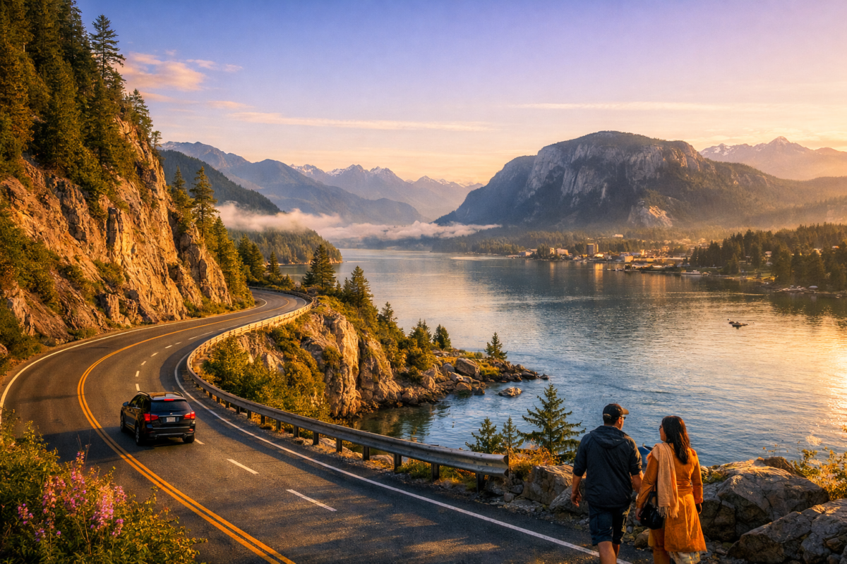  Winding highway along Howe Sound with a car heading toward Squamish, framed by forested cliffs, calm turquoise waters, and golden morning light over the Stawamus Chief and distant peaks.