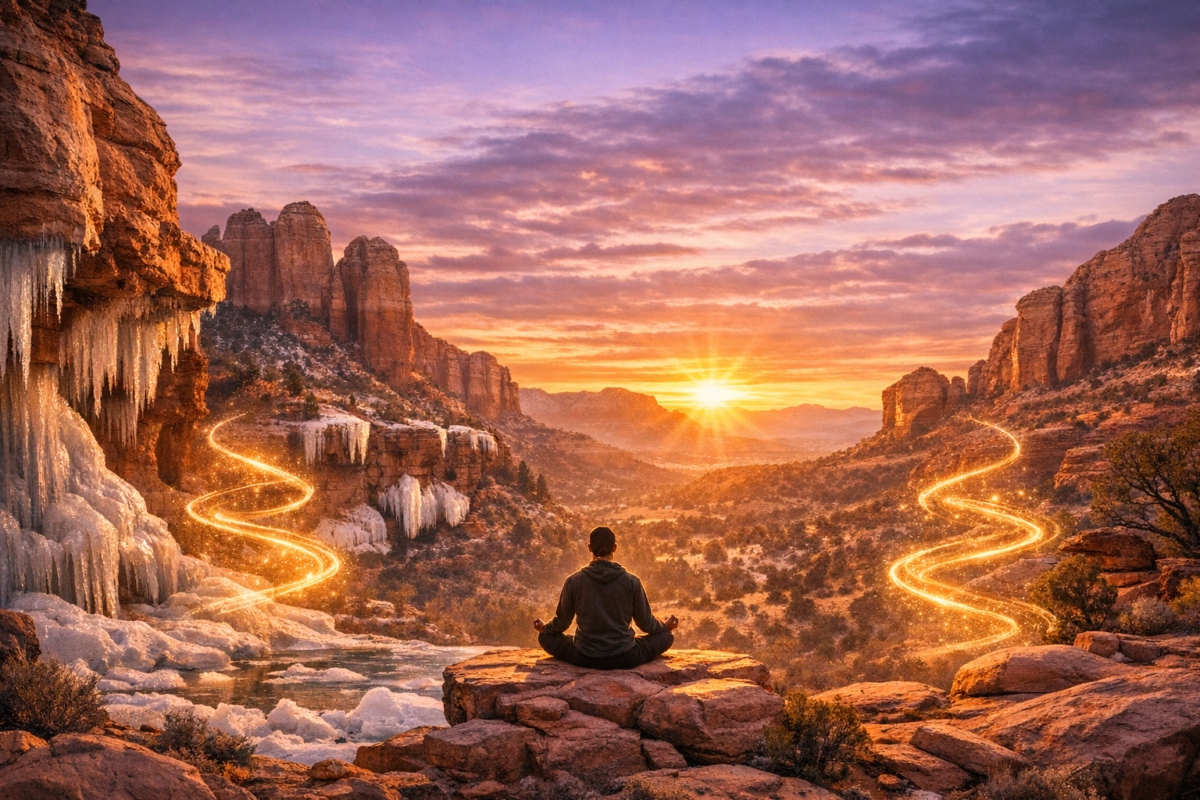 Mystical Sedona landscape with red rock formations at sunset, glowing energy spirals, and a lone figure meditating on a cliff.