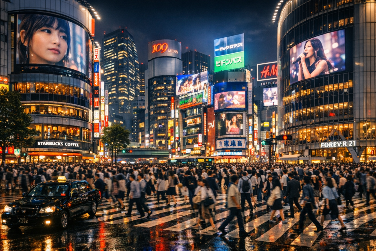 Shibuya Crossing in Tokyo at night with neon lights, crowds, and glowing billboards.”