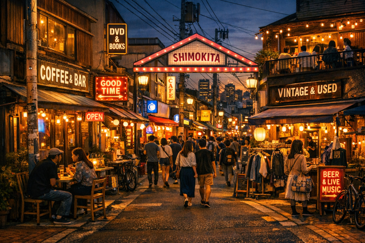 Night scene in Shimokitazawa with neon-lit cafés, vintage shops, and street musicians