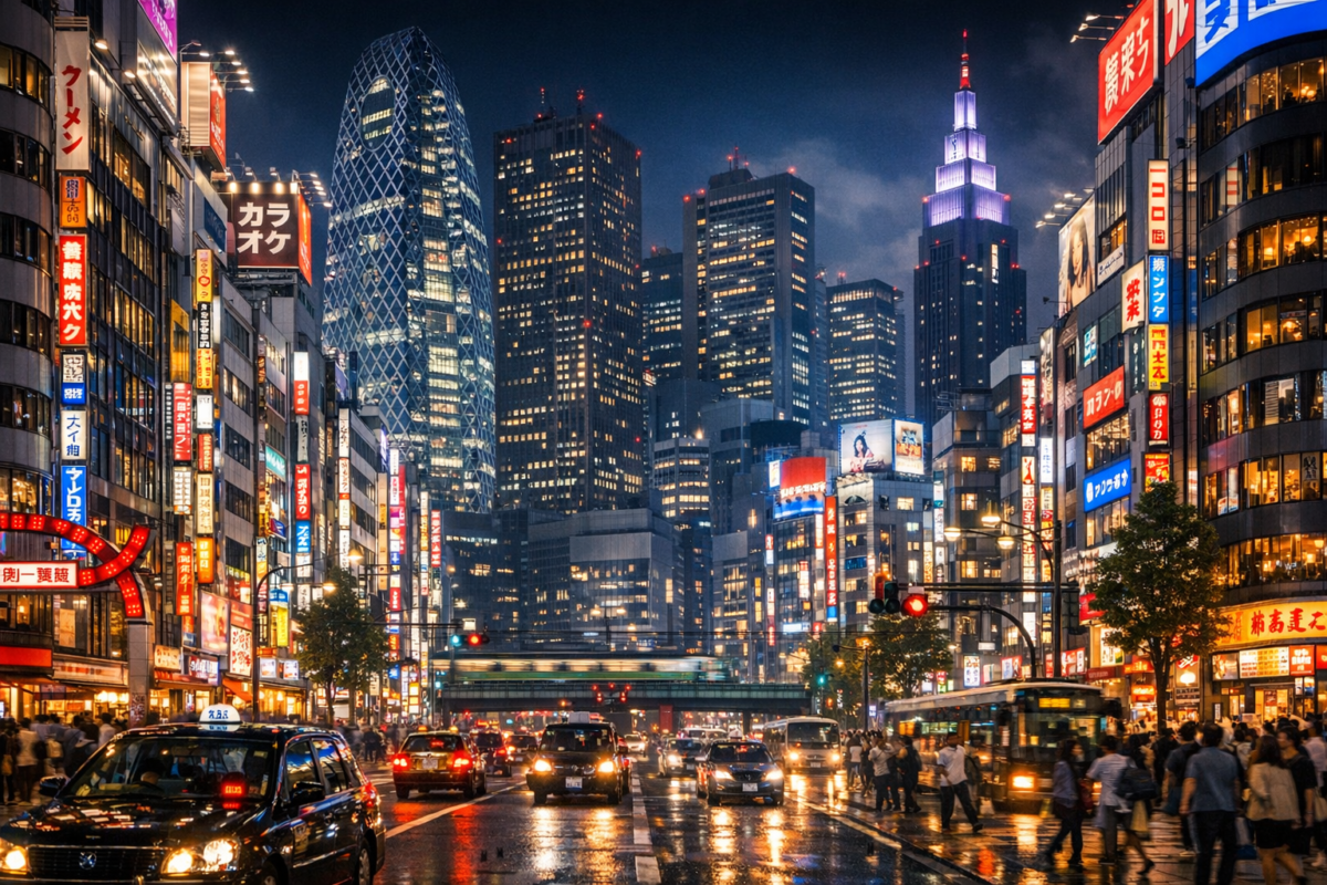 Shinjuku Tokyo at night with neon lights, busy streets, and glowing skyscrapers, first time Tokyo.