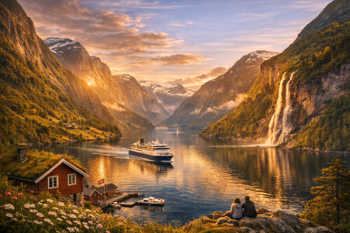 Red cabin and couple overlooking vast Sognefjord with glacier, ferry, and sunset glow. Norway fjords bucket list.