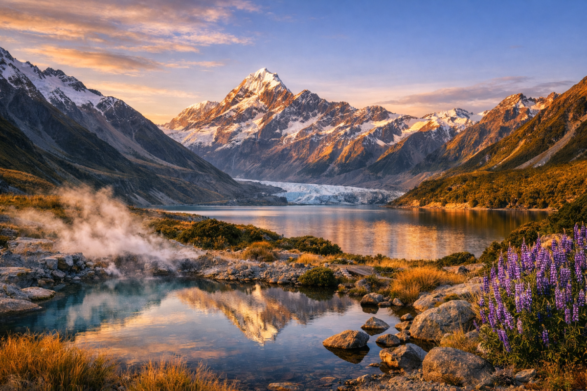 South Island Road Trip — Snow‑capped Southern Alps reflected in a turquoise lake surrounded by golden grasses and purple lupines at dawn.