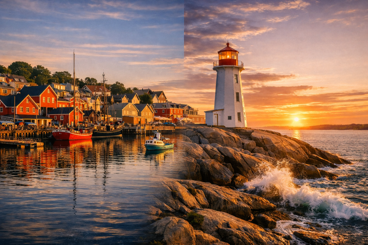 Lunenburg’s colorful fishing village reflected in calm harbor waters alongside Peggy’s Cove Lighthouse glowing at sunset on rugged granite cliffs, capturing the essence of Nova Scotia’s iconic coastline.