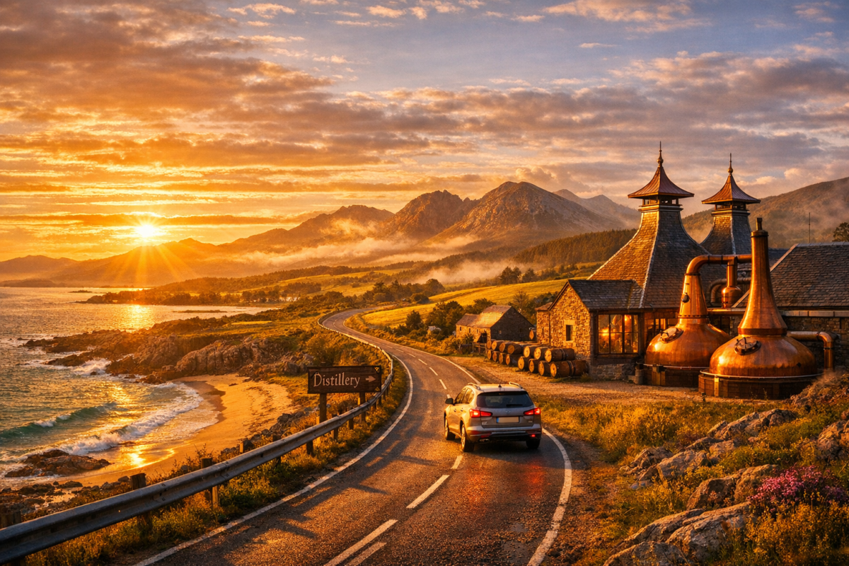 Winding country road through Speyside, Scotland, passing a traditional whisky distillery with stone buildings, copper stills, and golden sunset over misty hills.