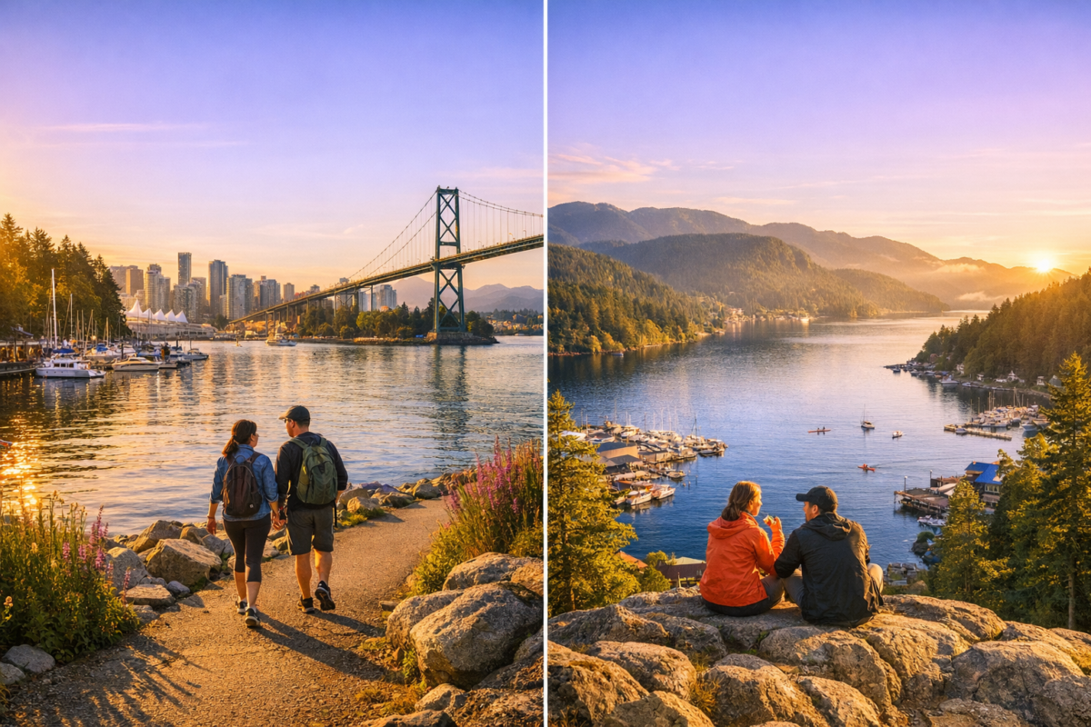  Couple walking along North Vancouver’s waterfront path beside sailboats and Lions Gate Bridge, transitioning to Deep Cove’s rocky viewpoint overlooking calm waters and forested mountains at sunset.