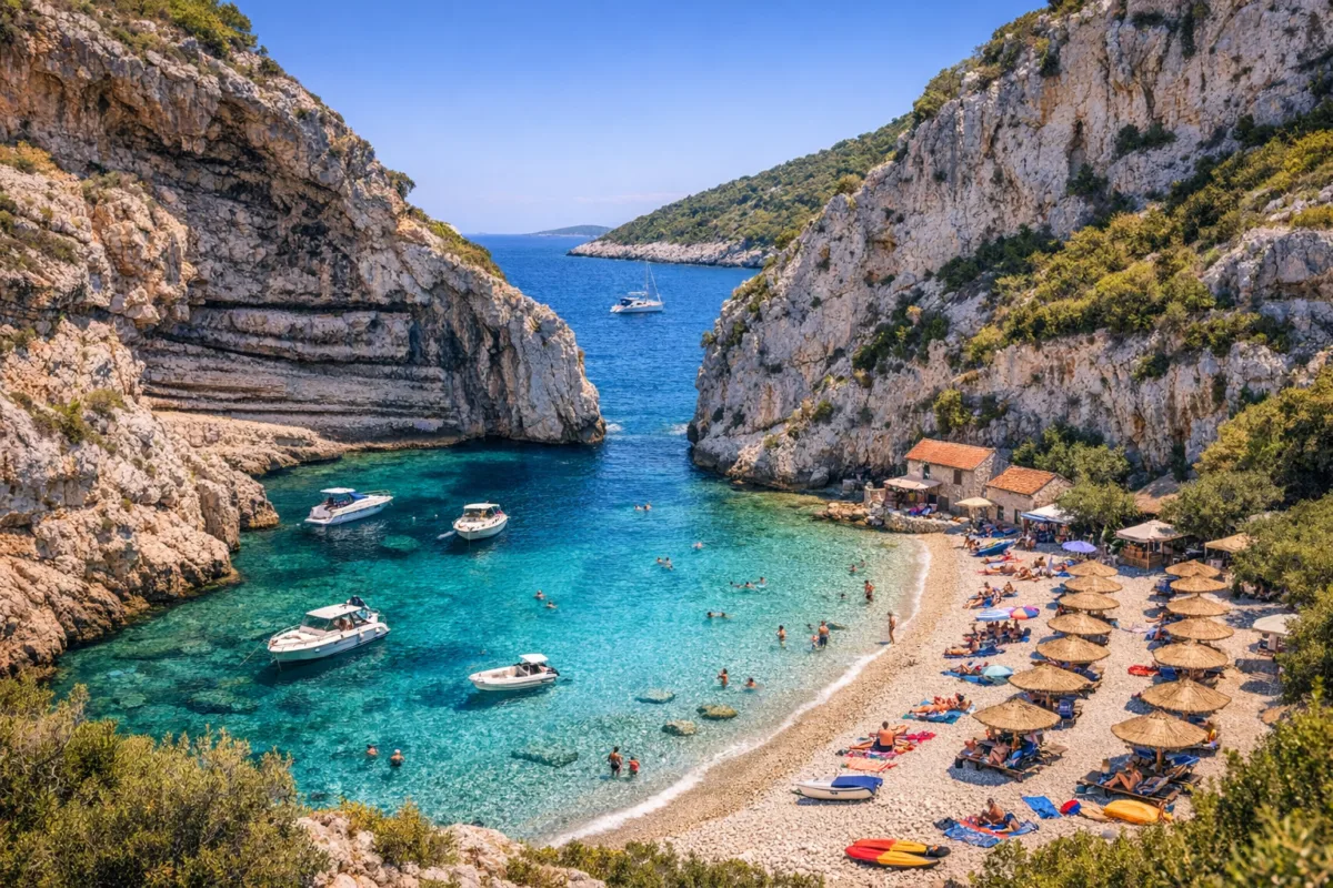 Stiniva Cove on Vis island with clear turquoise waters, a small pebbled beach, and towering cliffs.
