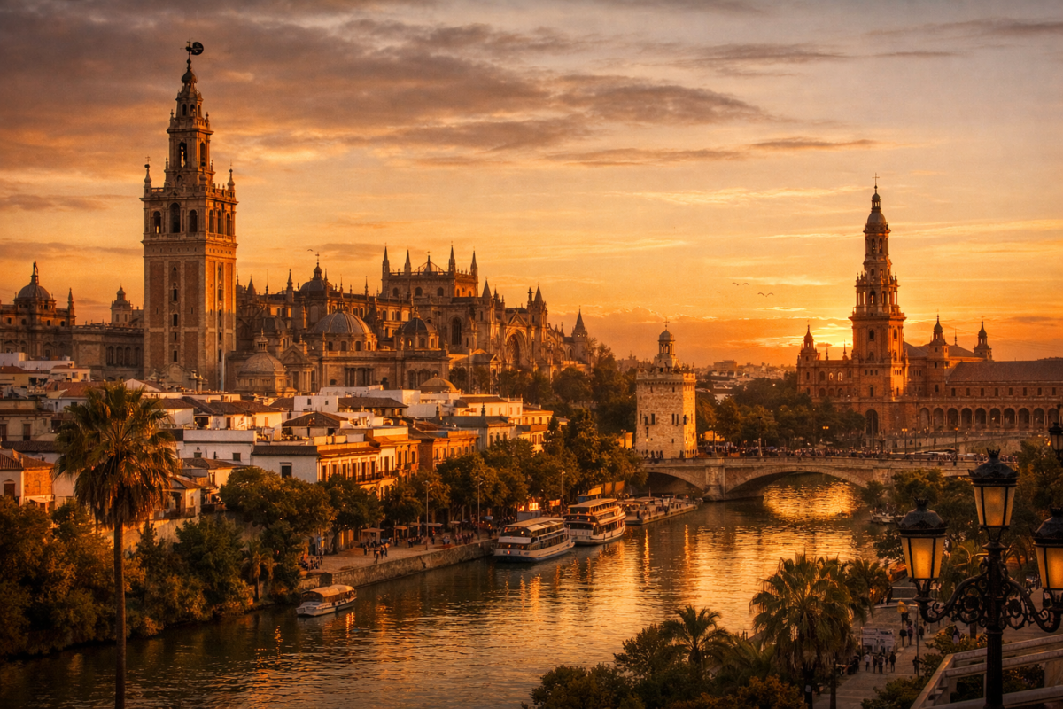 Panoramic view of Seville at golden hour with the Giralda tower, Seville Cathedral, and Plaza de España glowing above the Guadalquivir River.