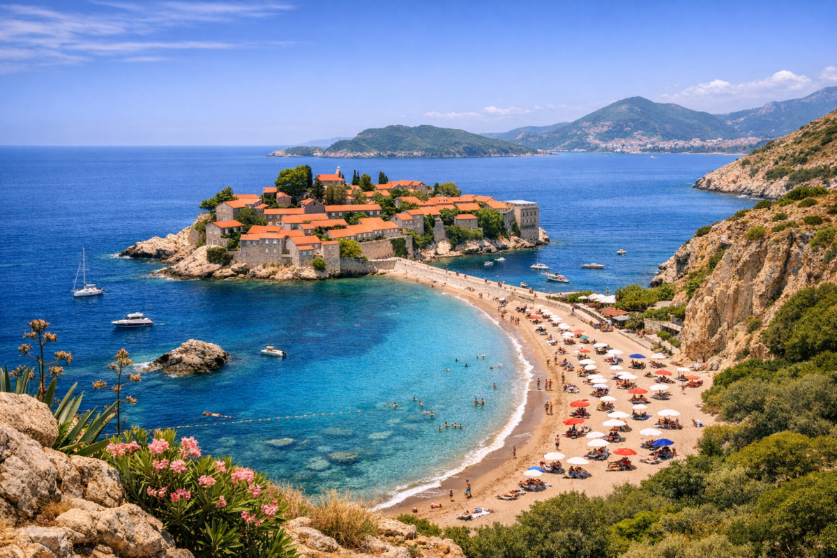 Terracotta-roofed islet and golden beach on the Adriatic coast at Sveti Stefan, Montenegro.