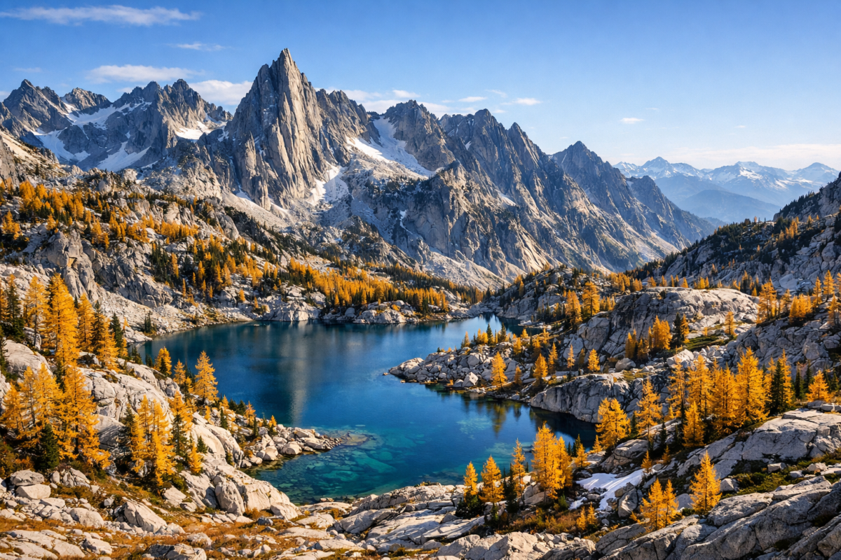 Dramatic alpine basin in Washington’s Enchantments with jagged granite peaks, turquoise lakes, and larch trees glowing golden under crisp mountain skies. Hidden Gems