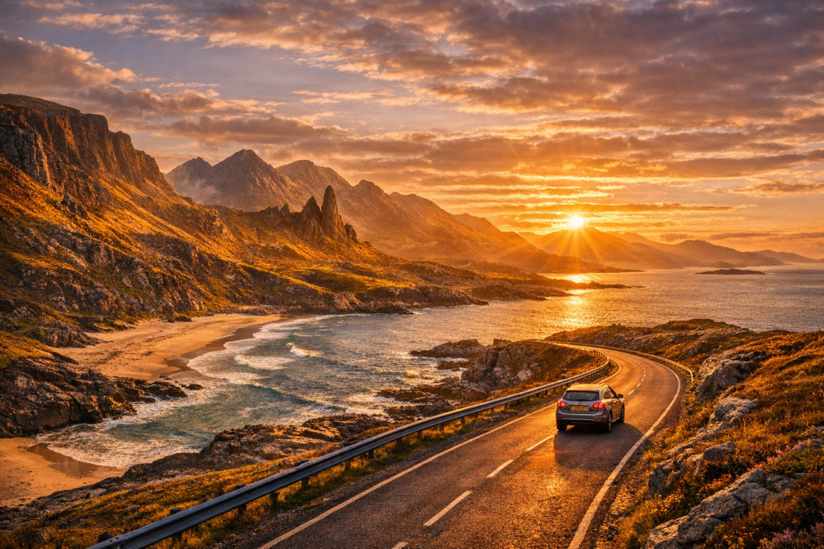 Car driving along the North Coast 500 route in Scotland at sunset, with winding coastal road, sandy beach, turquoise sea, and mountains glowing in golden light.