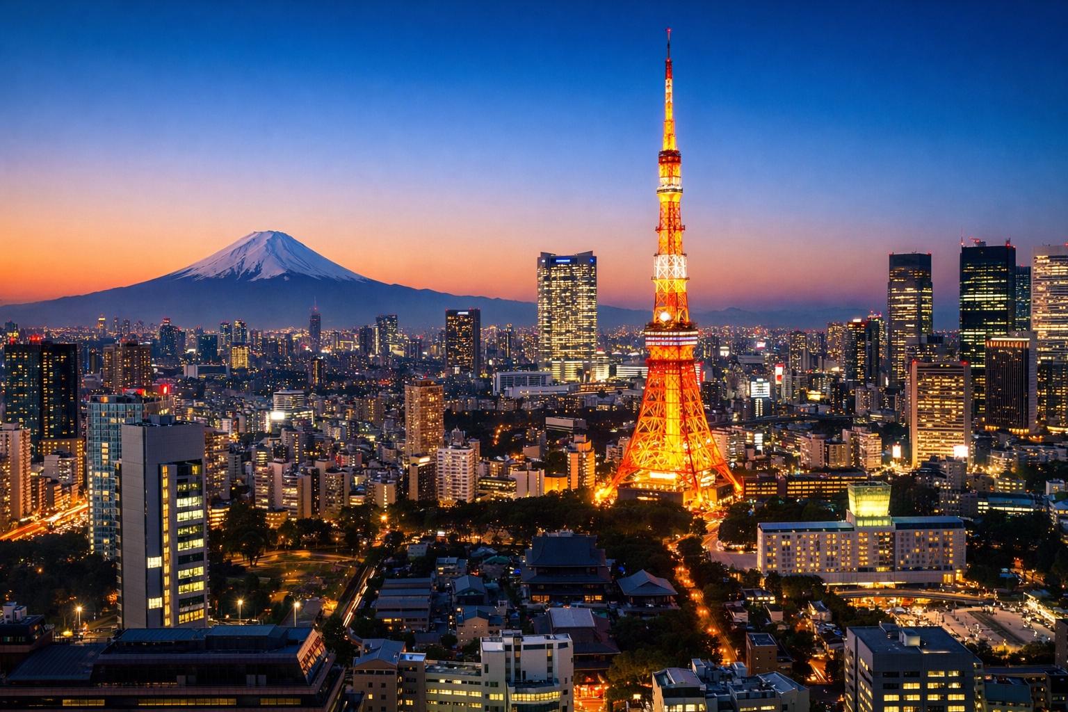 Tokyo, Japan skyline at twilight with Tokyo Tower illuminated, Mount Fuji in the background, and neon-lit cityscape glowing under a clear evening sky.”