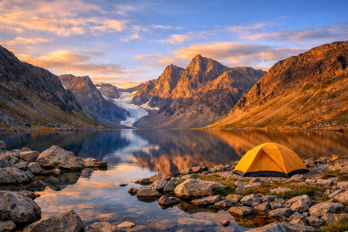 Panoramic view of Torngat Mountains National Park, Newfoundland & Labrador, showing glacier-fed lake, rugged sunlit peaks, and a yellow tent on rocky shore under golden sky.