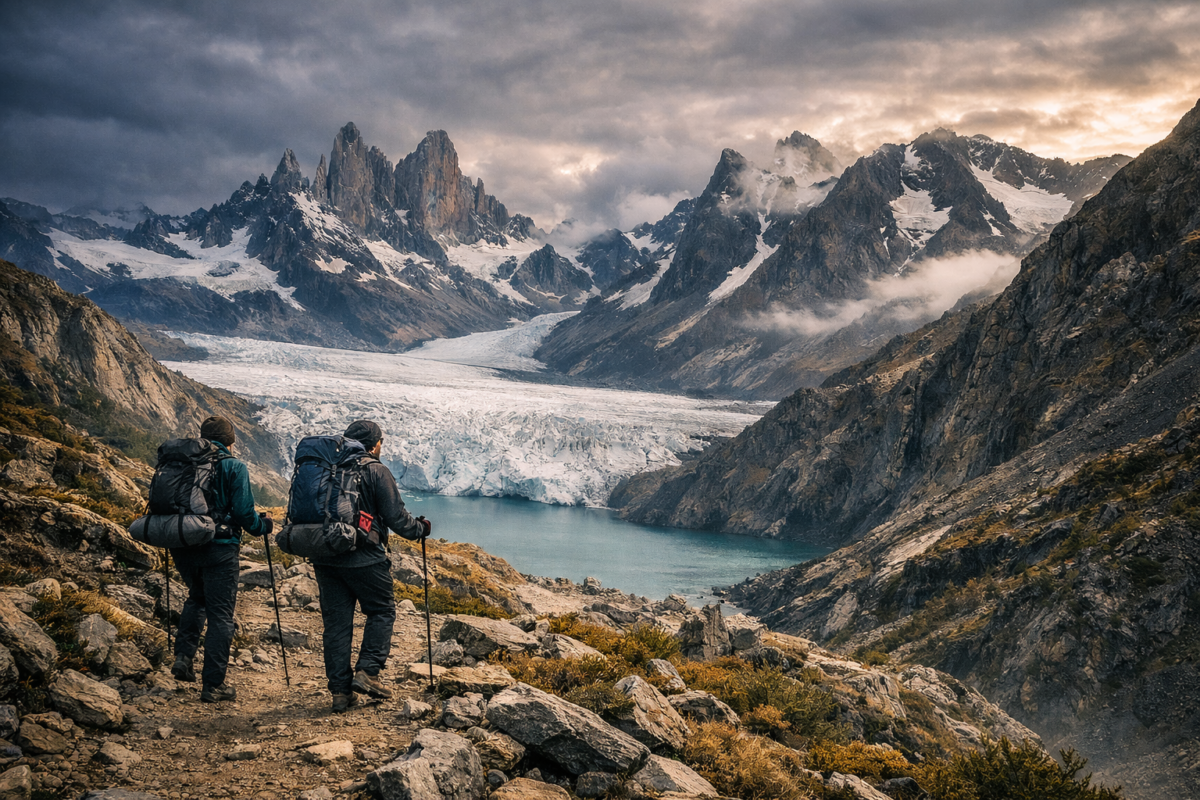 Backpackers on the O Circuit trekking along a rugged trail with a vast glacier and dramatic jagged peaks in the remote back side of Torres del Paine, Chilean Patagonia.