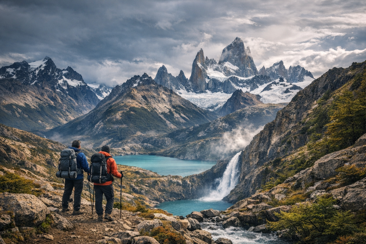 Hikers on the W Trek overlooking the iconic Torres del Paine peaks and a turquoise lake in Chilean Patagonia, with dramatic clouds and rugged mountain scenery.