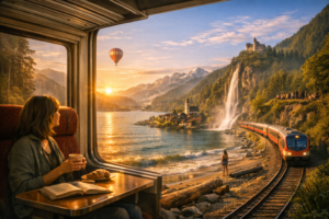 Passenger gazing from a train window at a red train winding through Europe’s stunning alpine valley, featuring a turquoise lake, stone viaduct, and snow-capped peaks glowing in golden morning light.