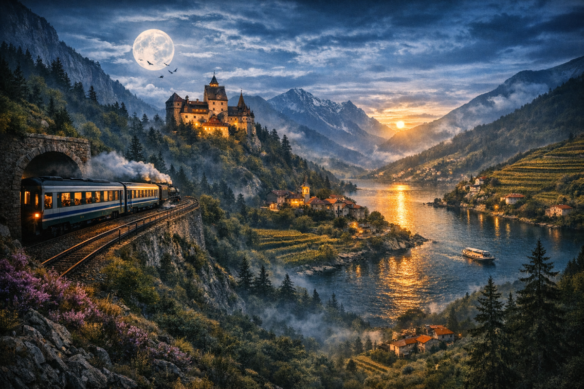  Night train winding through misty forests toward a gothic castle on a hill, with moonlit mountains and an eerie, atmospheric sky in Transylvania.