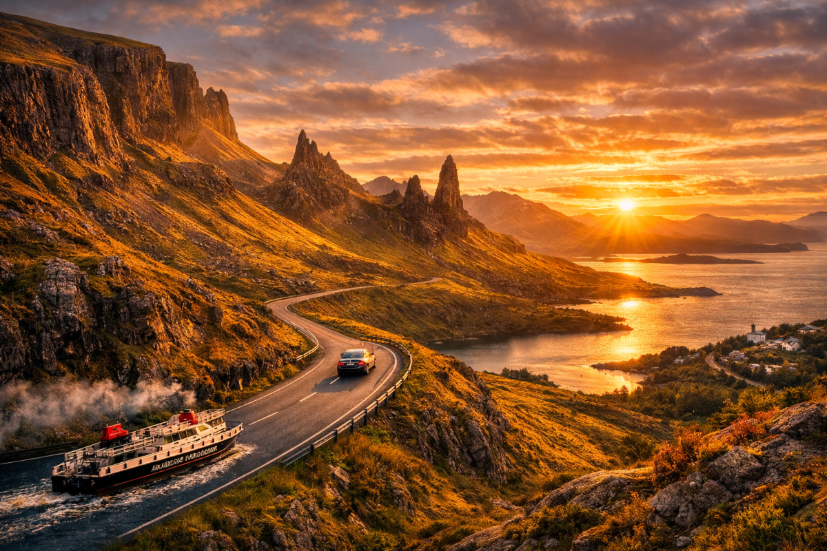Winding road through the Trotternish Peninsula on the Isle of Skye at sunrise, with cliffs, lakes, and the Old Man of Storr glowing in golden light