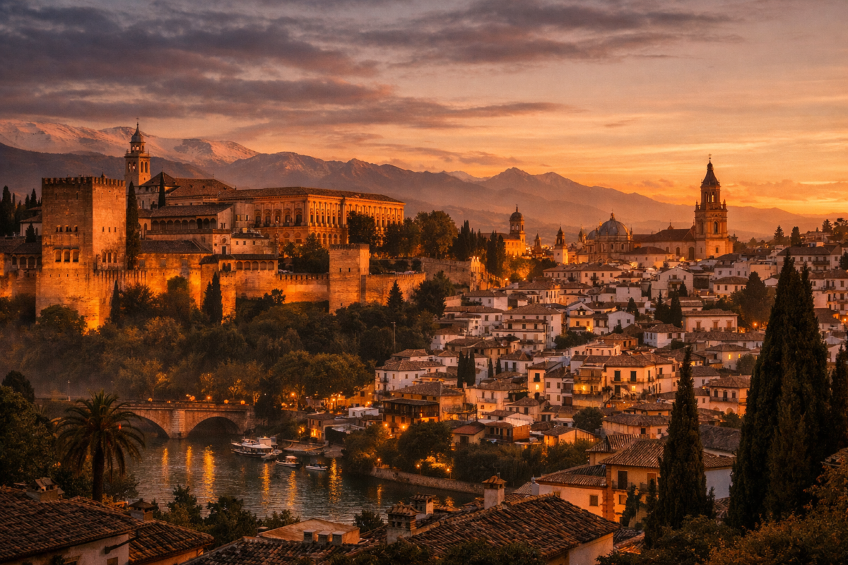 Sunset view of Granada with the Alhambra palace glowing above the Albaicín district and snow‑capped Sierra Nevada mountains in the distance.