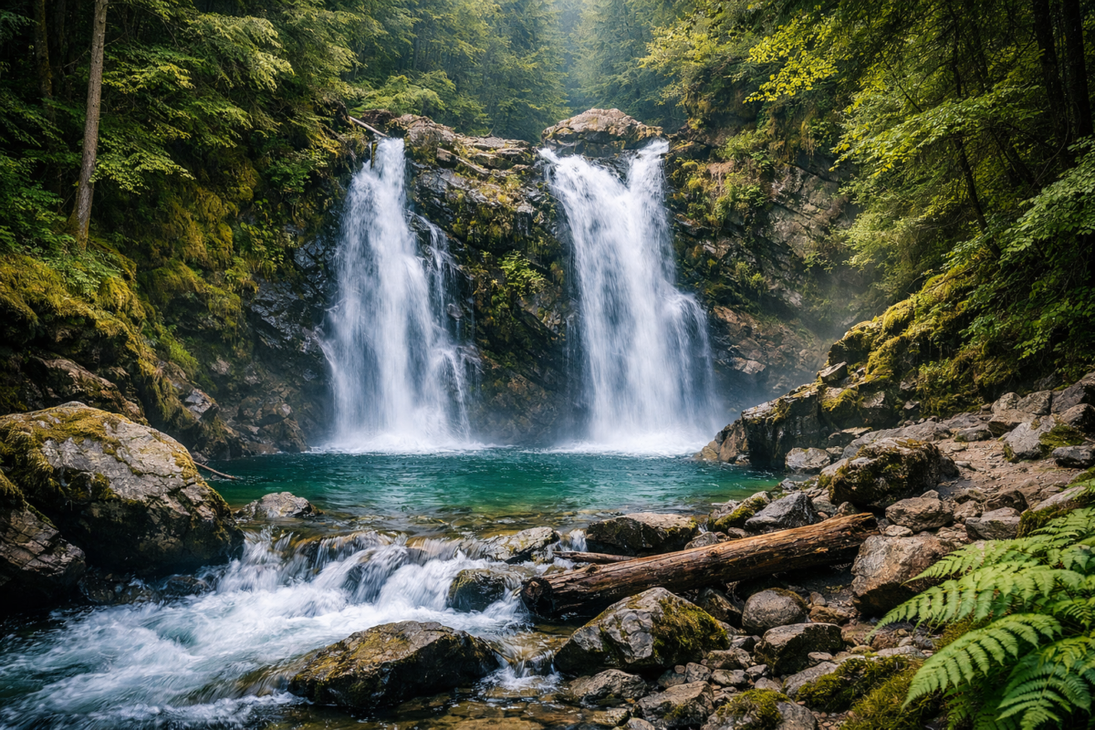 Twin waterfalls cascading side by side into an emerald pool surrounded by moss-covered rocks and dense evergreen forest in Golden Ears Provincial Park. Best Hidden Waterfalls Near Vancouver