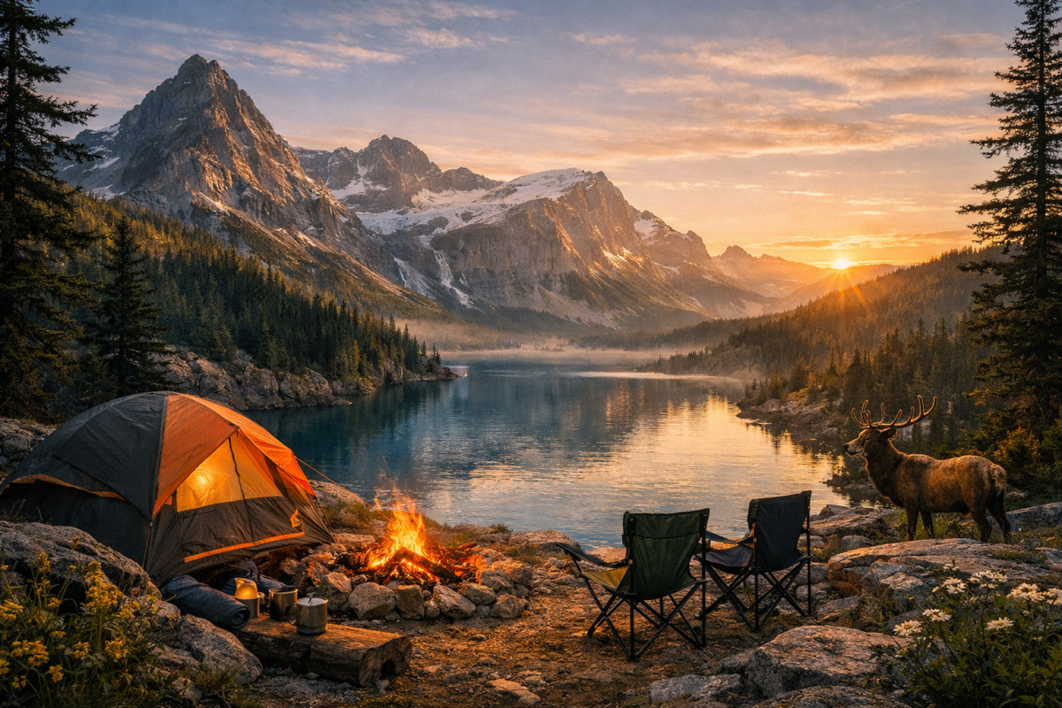 A mountain campsite beside a turquoise glacial lake with a glowing tent, surrounded by snow‑capped peaks and evergreen forests under a golden sunrise in Montana’s Glacier National Park. USA camping guide for beginners.