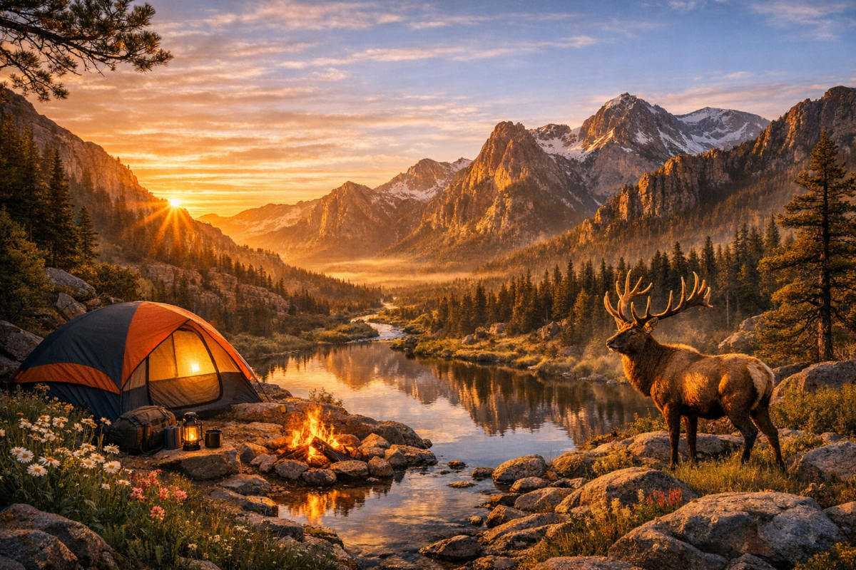 A serene alpine meadow in Rocky Mountain National Park at sunrise, with a bull elk standing near a reflective stream surrounded by wildflowers, pine forests, and snow‑capped peaks glowing in golden light.