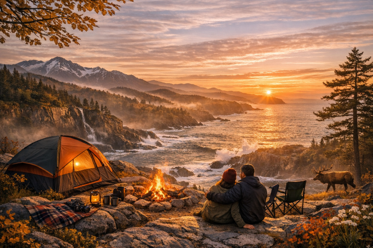 A couple sitting on a rocky overlook surrounded by vibrant fall foliage, watching the sunset over Shenandoah’s misty Blue Ridge Mountains and winding river below, capturing the park’s warm, romantic autumn glow. best campgrounds USA