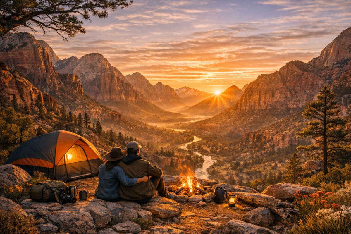 A lone hiker sits on a rocky overlook in Zion National Park, watching the sun rise between towering sandstone peaks as golden light spills into the canyon below, illuminating the winding Virgin River and red cliffs.