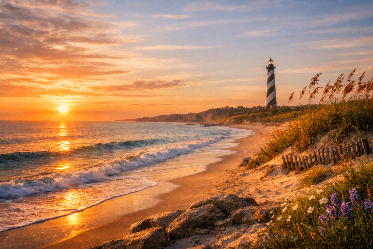 A golden sunrise over the Atlantic at Cape Hatteras National Seashore, with waves rolling onto the sandy beach, sea oats swaying on the dunes, and the iconic black‑and‑white Cape Hatteras Lighthouse standing tall in the distance.