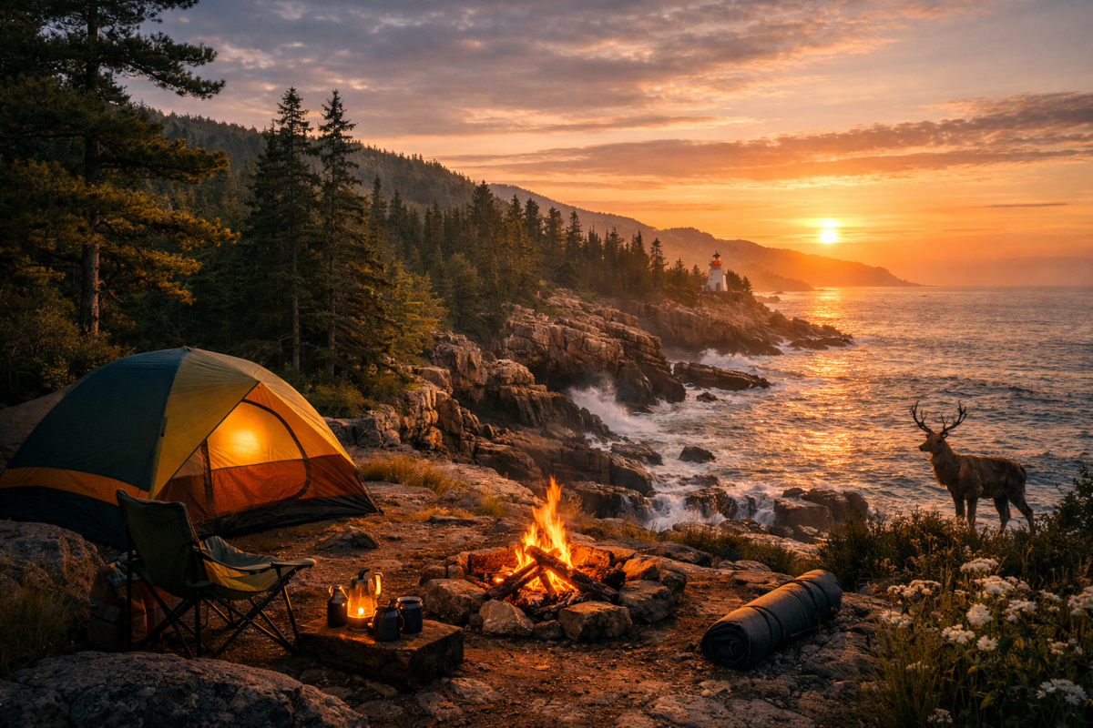 Sunrise over Acadia’s rocky coastline with a tent and campfire on a cliff, pine trees overlooking the Atlantic Ocean, and waves crashing below, reflecting the rugged beauty of Maine’s coastal landscape. best camping destinations USA.